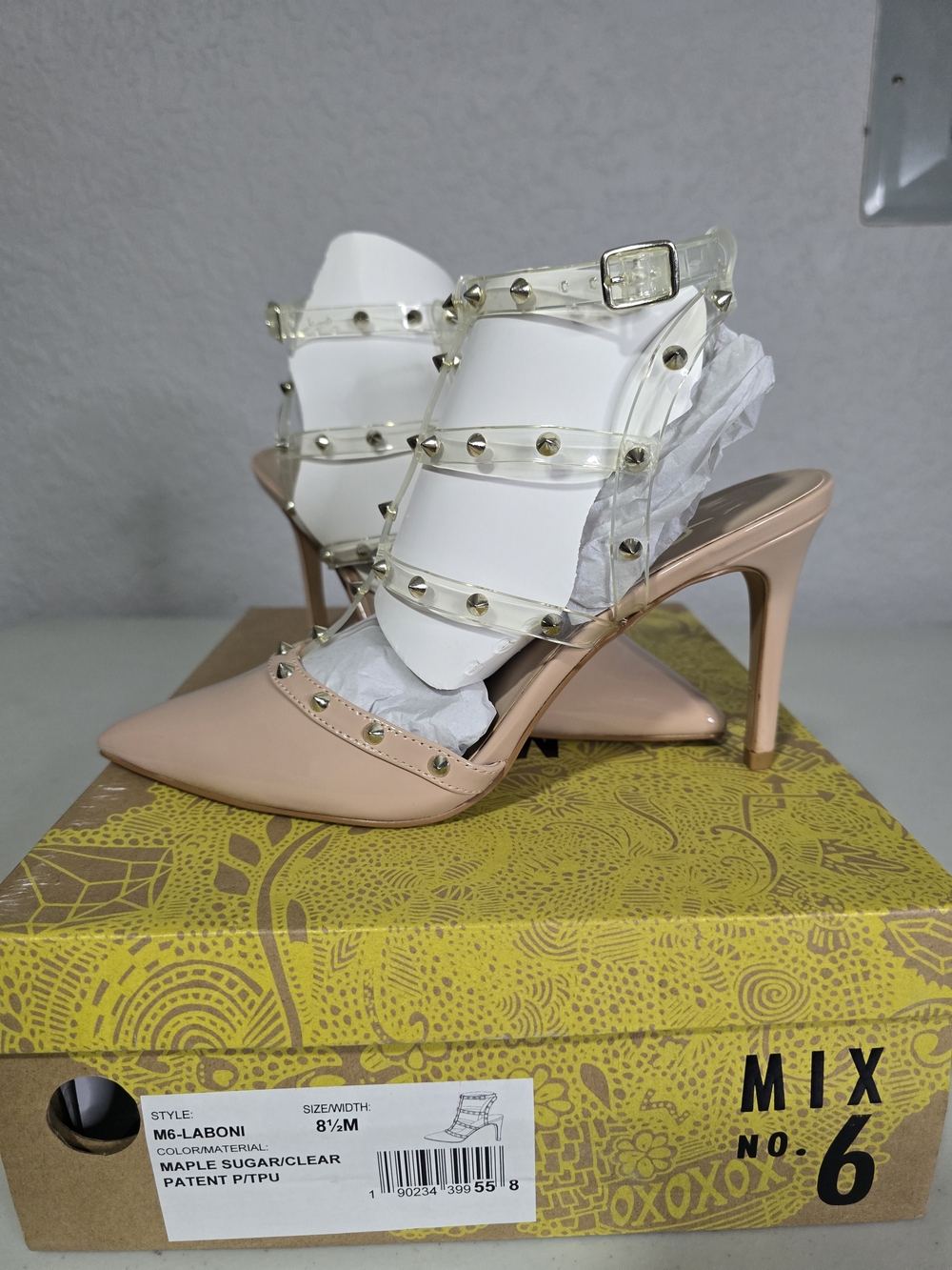 Maple Sugar Pointed Toe Studded High Heels in Clear Straps